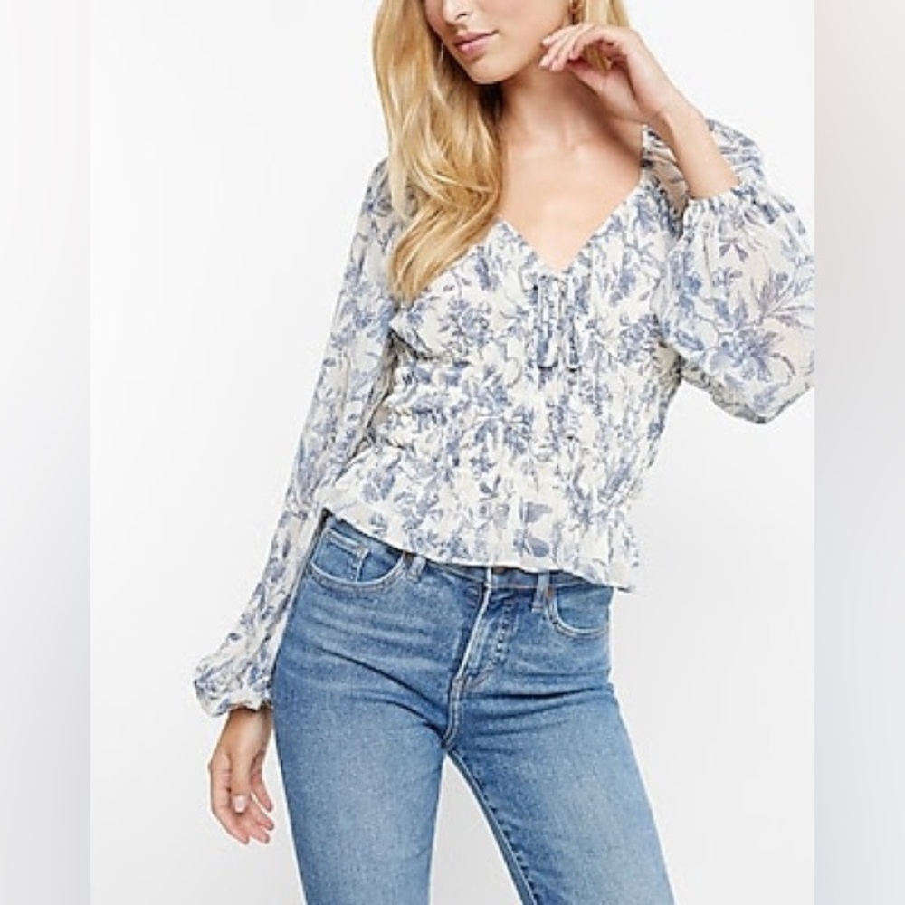 Express Navy and White Floral Top